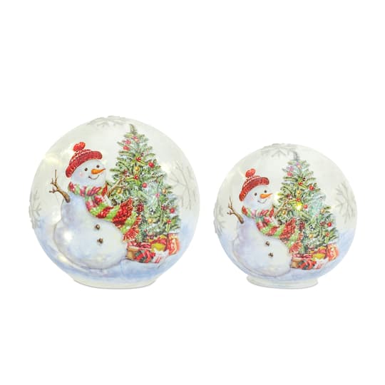 Snowman &#x26; Tree LED Glass Globe Set, 6&#x22; &#x26; 7&#x22;